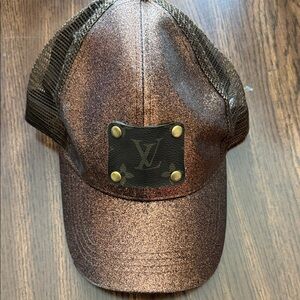 Upcycled Louis Vuitton Metallic Brown Mesh Cap w pony hole